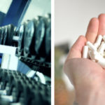 a hand holding supplements in one image, and another image showing a weights room signifying the connection between correct supplement dosing and exercise recovery. performance, and overall health and well-being